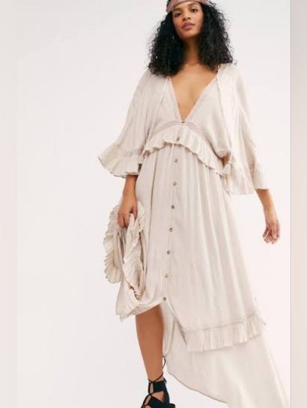 Free People Paradiso Boho Ruffle Lace V-Neck Maxi Dress in Ivory Sz XS SOLD OUT - Picture 1 of 9